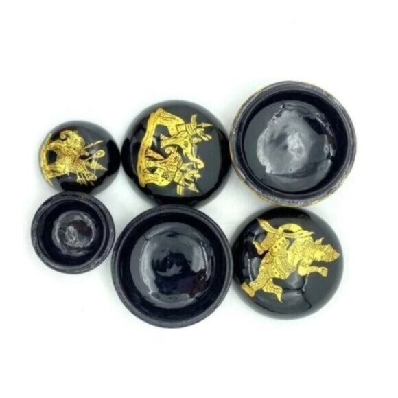 Burmese Lacquerware Gold Accented Trinket Boxes Set Of 3 - Picture 12 of 12
